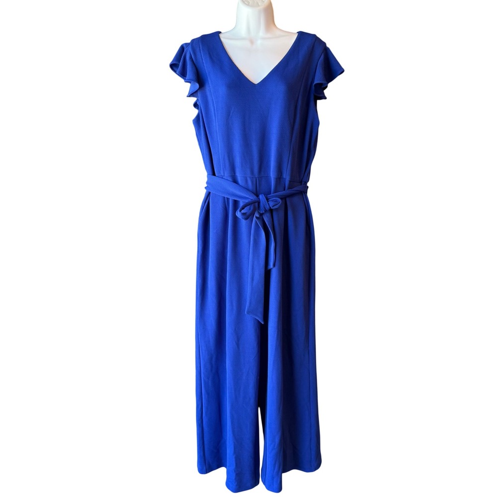 T Tahari Wide Leg Jumpsuit Size 14 Cobalt Blue New Flutter Sleeve Belted